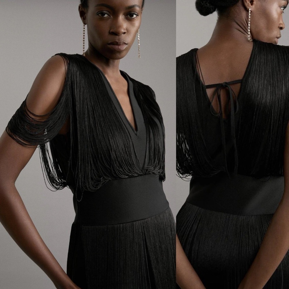 NWT KAREN MILLEN Figure Form Bandage Knit Fringe Detail Cocktail Mini Dress
